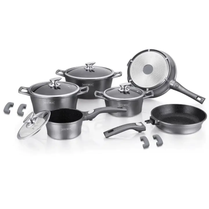 Комплект тенджери и тиган Royalty Line RL-ES2014M, 14 части, Мраморно покритие, Индукция, Сребрист, (11168)