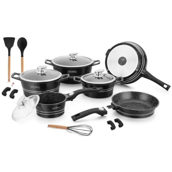 Комплект тенджери и тиган Royalty Line RL-ES2014M Shiny Black, 17 части, Мраморно покритие, Индукция, Черен, (35931007)