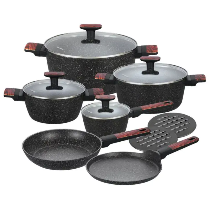 Комплект тенджери и тигани Klausberg KB 7831, 12 ч, Отливка, Мраморно покритие, Индукция, Черен, (35930872)