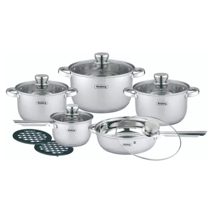 Комплект тенджери и тигани Rosberg R51210L12BM, 12 части, Многослойно дъно, Неръждаема стомана, Сребрист, (35940361)