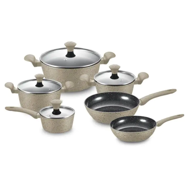 Комплект тенджери и тигани Royalty Line FD10, 10 части, Лят алуминий, Greblon мраморно покритие, Индукция, Бежов, (35945595)