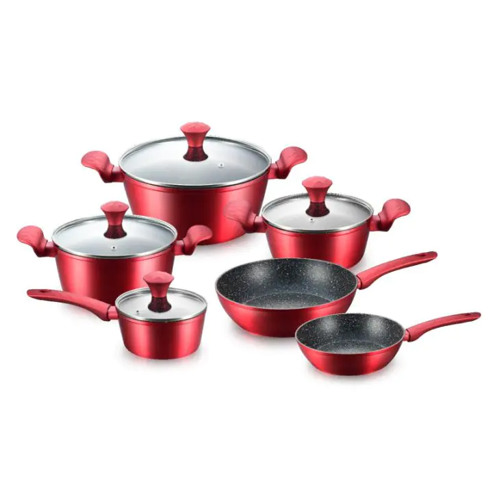 Комплект тенджери и тигани Royalty Line FD10, 10 части, Лят алуминий, Greblon мраморно покритие, Индукция, Червен, (35945594)