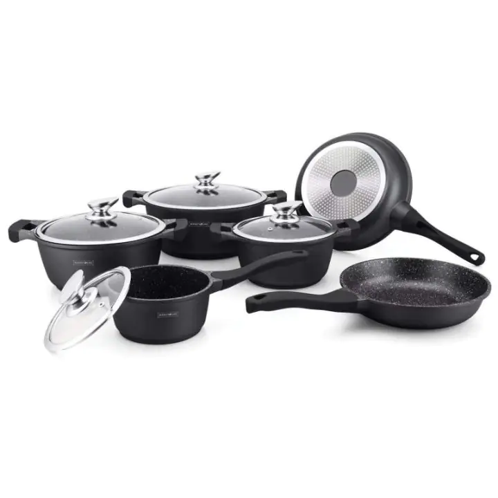 Комплект тенджери и тигани Royalty Line RL-BS1010M, Отливка, 10 части, Индукция, Мраморно покритие, Черен, (12373)