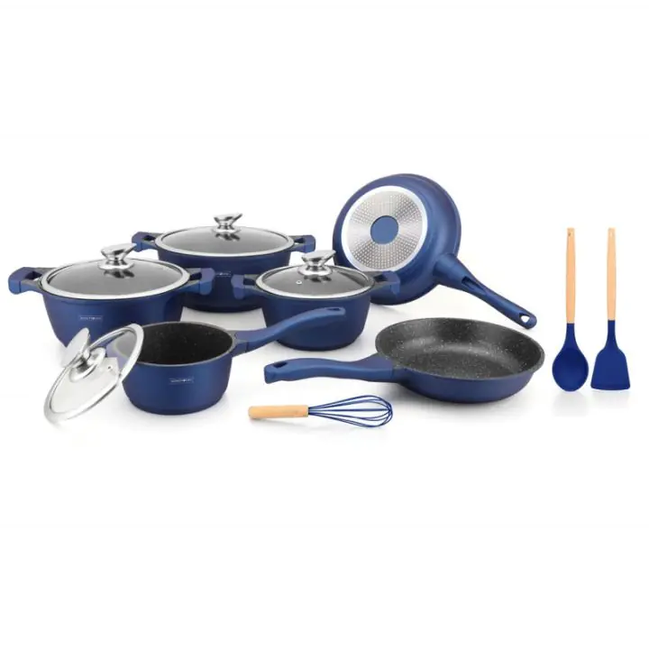 Комплект тенджери и тигани Royalty Line RL-BS1010M, Отливка, 10 части, Индукция, Мраморно покритие, Син, (35922840)