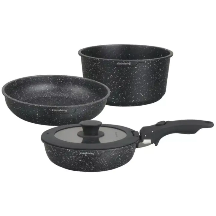 Комплект съдове за готвене Klausberg KB 7858, 5 части, Стъклен капак, Универсална дръжка, Мраморно покритие, Индукция, Черен, (35930876)