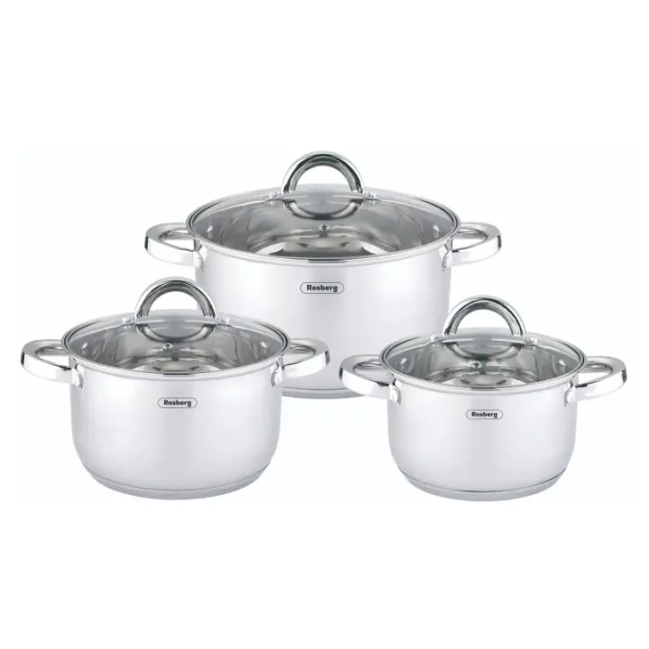 Комплект тенджери Rosberg R51210L6C, 6 ч, Мерителна скала, Стъклени капаци, Неръждаема стомана, Индукция, Сребрист, (35950084)