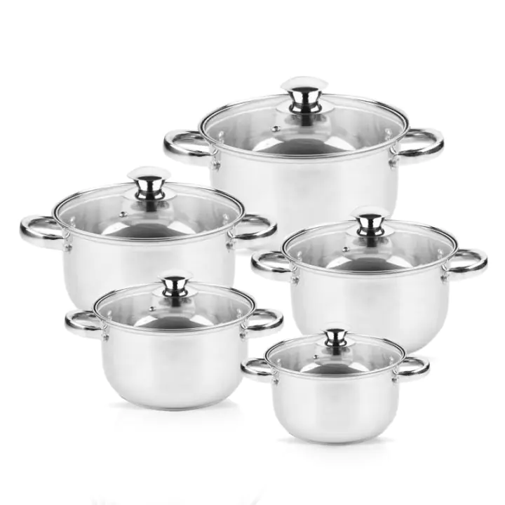 Комплект тенджери Rosberg R51210O10, 10 части, 2.1-6.3 l, Неръждаема стомана, Сребрист, (18044)