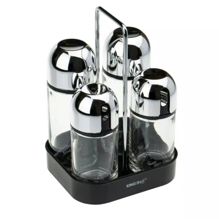 Комплект за дресинг Kinghoff KH 1647, Оливерник, Солница и пиперка, Стъкло, Стойка, Черен, (15640)