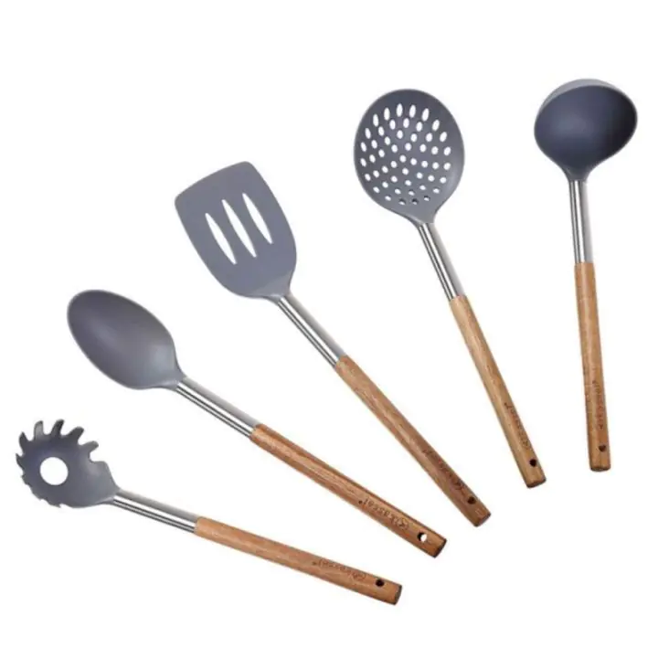 Кухненски прибори Kassel KS 93571, 5 части, Дръжки от акация, Кафяв/сив, (999KS93571)