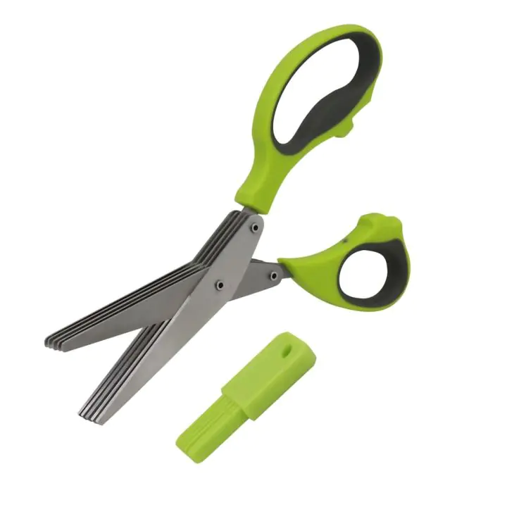 Ножица за зелени подправки Scissors KH689, 21 см, 5 двойни остриета, Четка за почистване