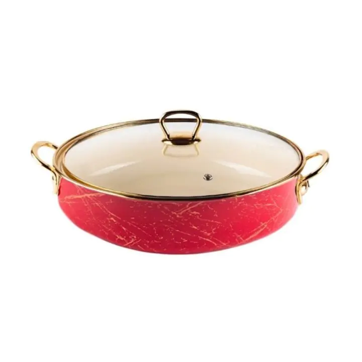 Плитка тенджера Goldmann GM 8040-28R, 28 см, 4.5л, Емайлирана стомана, Стъклен капак, Индукция, Червен/златист, (35940334)