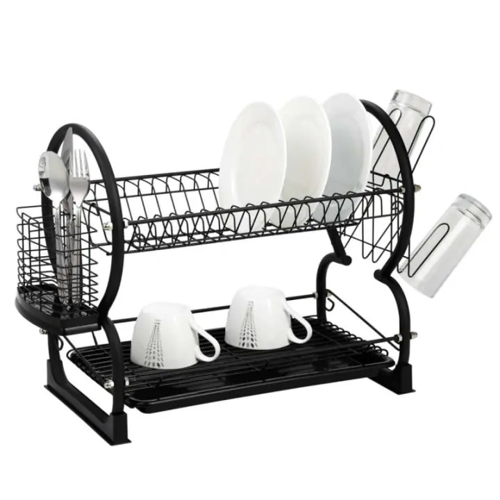 Сушилник за съдове на 2 нива Kinghoff KH 1500, 56.5 cm, Приставки за чаши и прибори, Черен, (9999KH1500)