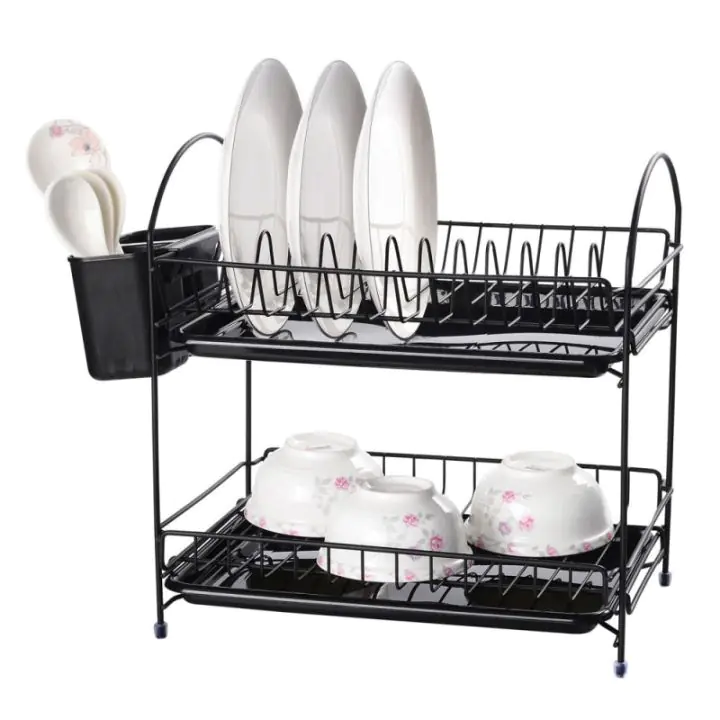 Сушилник за съдове Rosberg R53000E, 34 см, С 2 тави, Поставка за прибори, Черен, (55R53000EB)