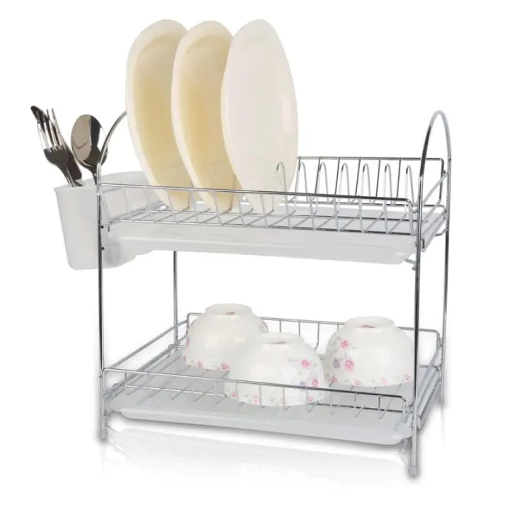 Сушилник за съдове Rosberg R53000E, 34 см, С 2 тави, Поставка за прибори, Хром, (555R53000E)