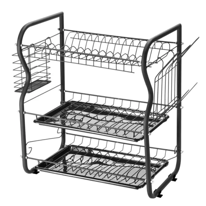 Сушилник за съдове Rosberg R53000O, 3 нива, Подвижни тави, Поставки за чаши и прибори, Черен, (35944192)