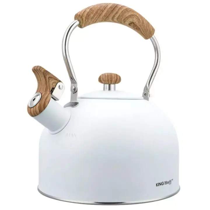 Свирещ чайник Kinghoff KH 1860, 2.5л, Индукция, Дървена дръжка, Бял, (35922746)