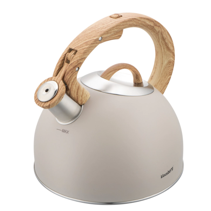 Свирещ чайник Klausberg KB 7913, 2.5 л, Дръжка с дървесен ефект, Индукция, Бежов, (35946023)