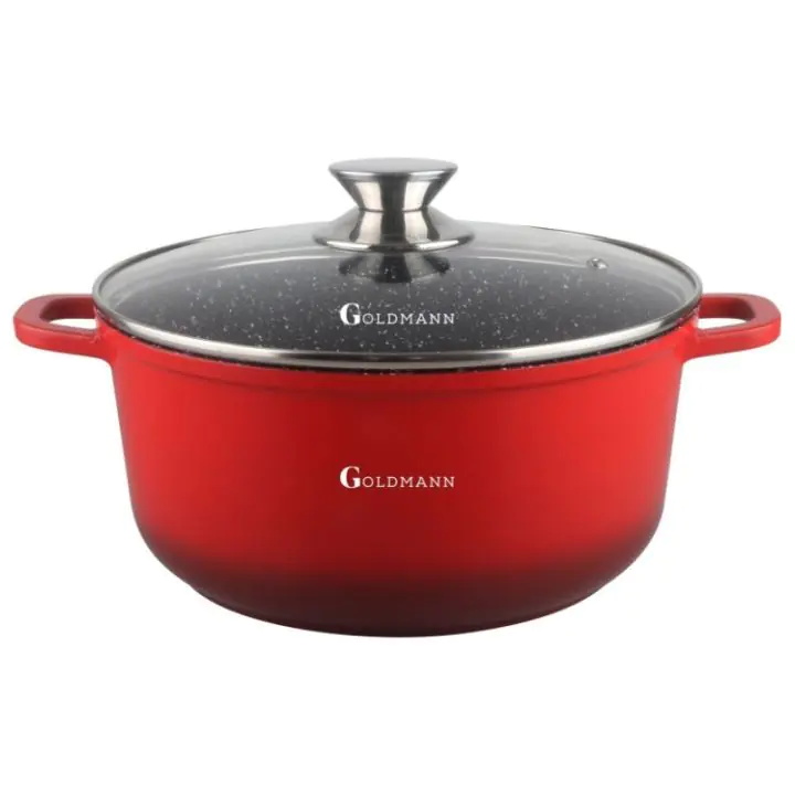 Тенджера Goldmann GM-7324R, 4.5 л, 24 см, Мраморно покритие, Стъклен капак с отвор за пара, Индукция, Червен, (35944739)