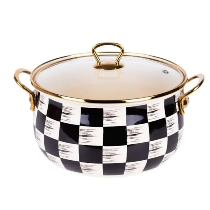 Тенджера Goldmann GM 8017-22BBL, 5L, 22x14см, Емайлирана, Индукция, Бял/черен каре, (22235)