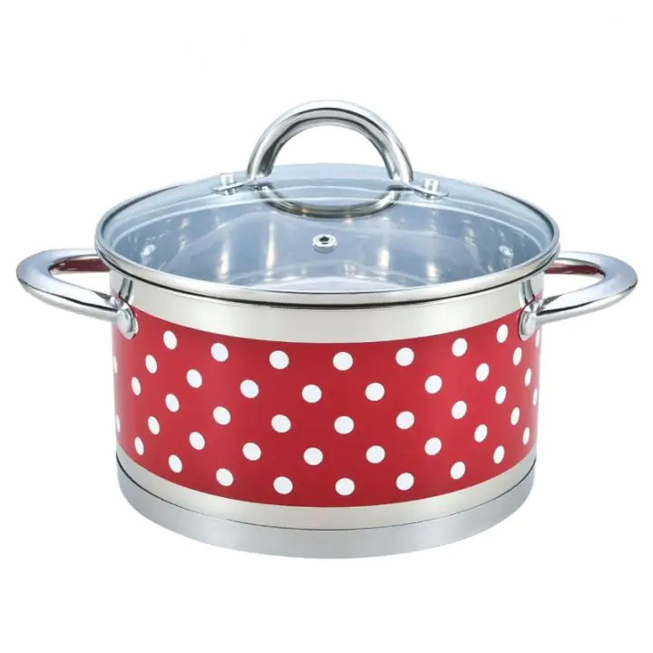 Тенджера Rosberg R51210I20, 20 см, 3.6 литра, Двойно дъно, Индукция, Инокс/червен с бели точки, (14657)