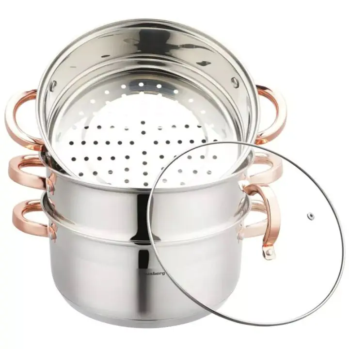 Тенджера за готвене на пара Klausberg KB 7735, 24 см, 5 литра, 4 части, Индукция, Инокс/Розово злато, (22196)
