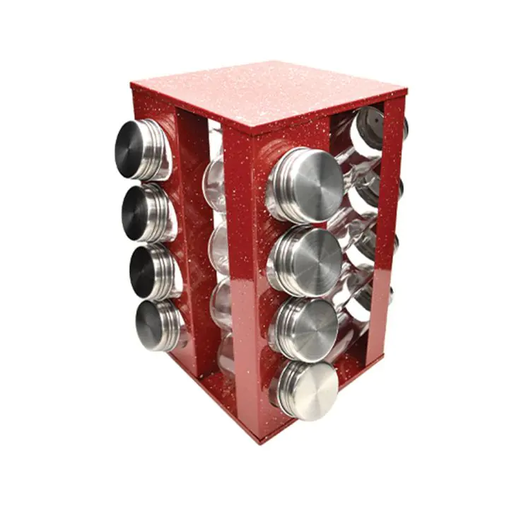 Бурканчета за подправки на стойка ZEPHYR ZP 1217 CS16, 16 бр. бурканчета, 4 нива, Въртяща се основа, Червен мрамор, (18566)