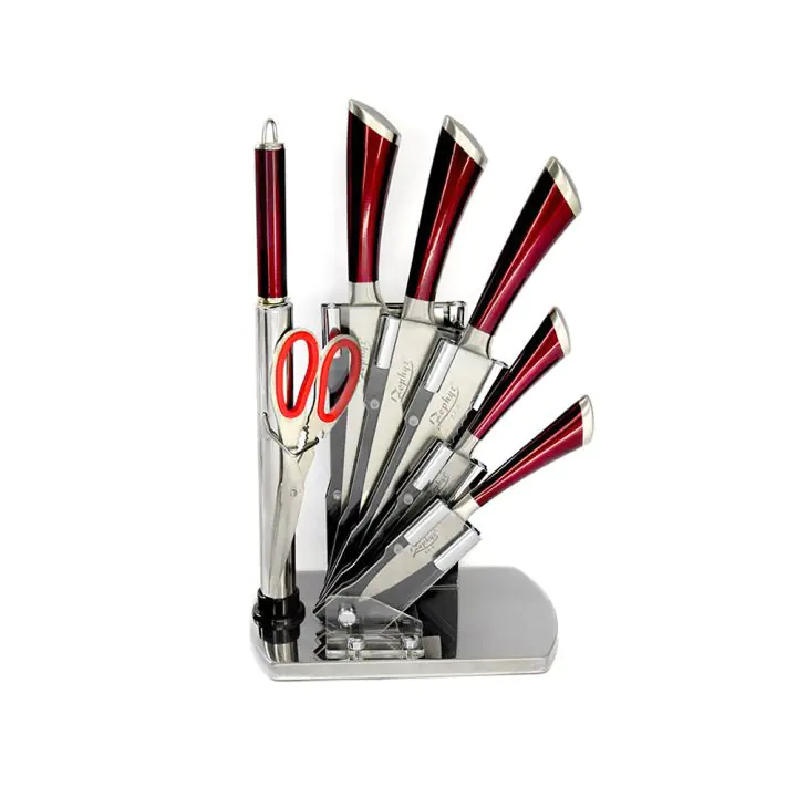 Комплект ножове с поставка ZEPHYR ZP 1633 P7AS, 8 части, Точило, Ножици, Неръждаема стомана, Червен, (18374)