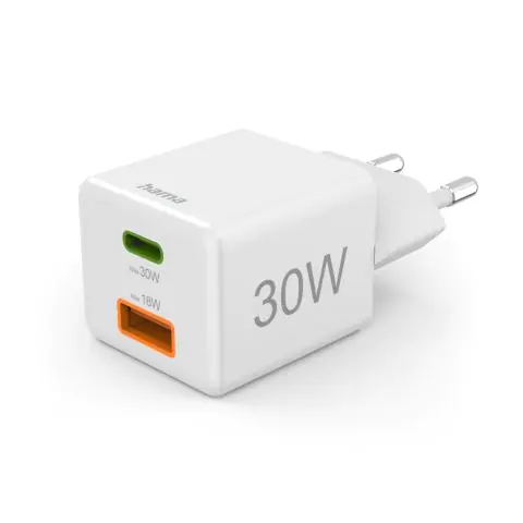 HAMA Бързо мини Gan зарядно, 30 W, 1x USB-C, 1x USB-A, PD, бял, (35939577)