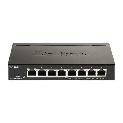 Суич D-Link DGS-1100-08PV2/E, 8 портов PoE 10/100/1000 Gigabit Smart Switch, управляем, за монтаж в шкаф, (35934514)
