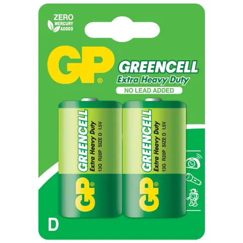 Цинк карбонова батерия GP R20, Greencell 13G-U2, 2 бр. в опаковка, blister, 1.5V, (35932546)