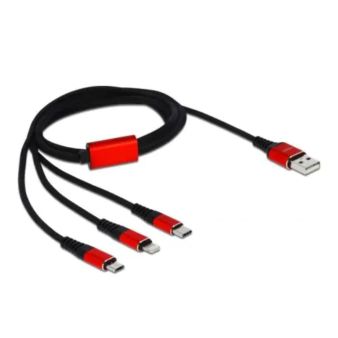 Кабел за зареждане Delock 3 в 1, USB - Lightning/ Micro USB/ USB-C, 1м, Черен/Червен, (35934872)