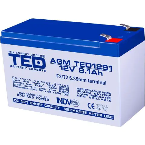 Оловна батерия TED ELECTRIC, AGM, 12V, 9Ah , 151/ 65/ 94 mm, Терминал2, (35936521)