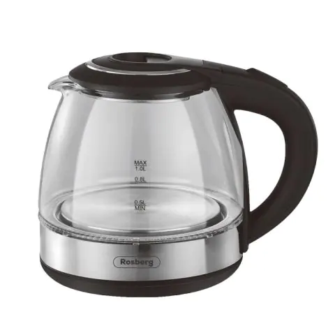Електрическа кана Rosberg R51230Q, 1500W, 1 L, Стъклена, LED светлини, Инокс/черен, (17009)