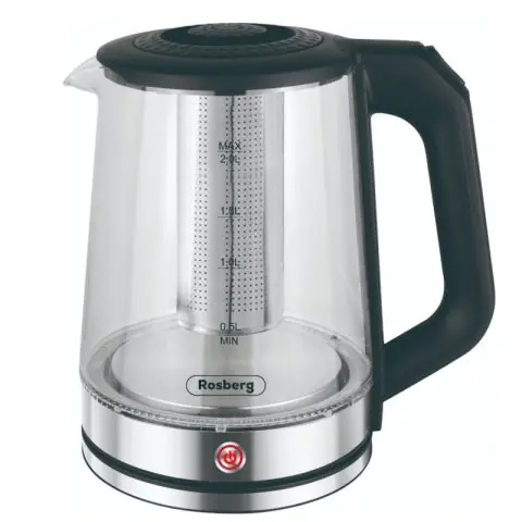 Електрическа кана с филтър за чай Rosberg R51230R, Светеща, 1500W, 2L, Стъкло, Сребрист, (20194)