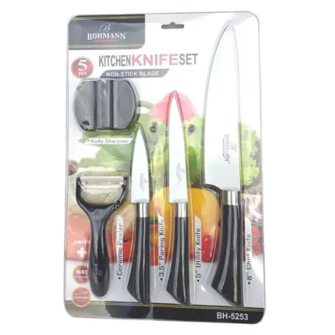 Комплект ножове Bohmann BH 5253, 5 части, Белачка и точило, Черен/бял, (9999BH5253)