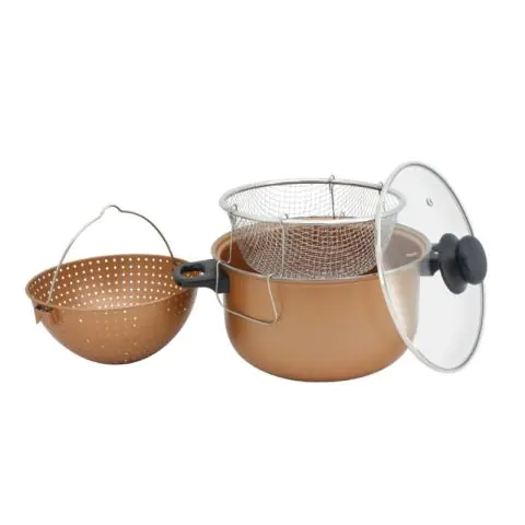 Тенджера с гевгир и кошница за пържене Voltz V51213C, 24 см, 5.2 л, Незалепващо покритие, Меден цвят, (17610)