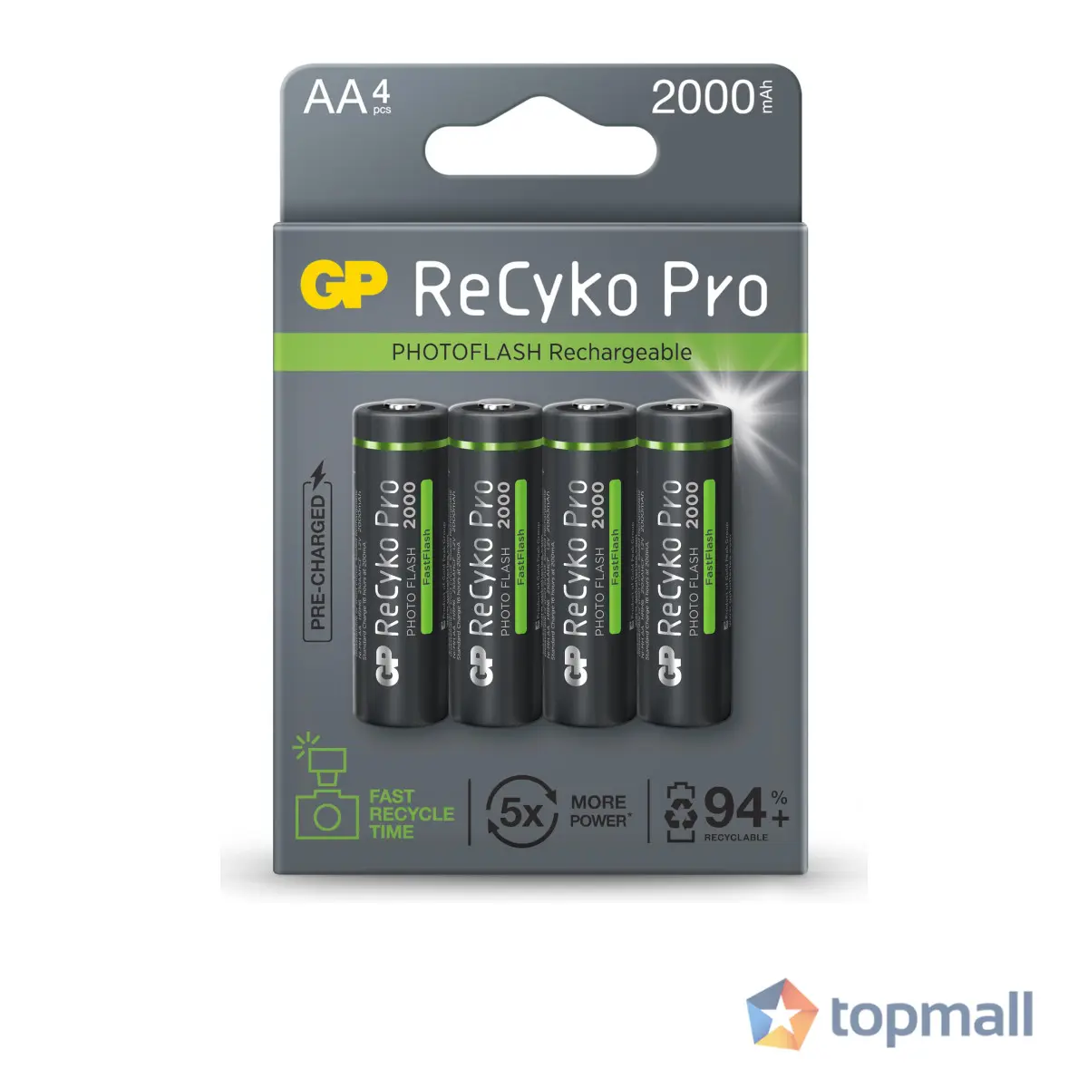 Акумулаторна Батерия GP R6 AA 2000mAh RECYKO + PRO Fast Flash GP-BR-210AAHCF-APCEB4 NiMH /до 500 цикъла/ 4 бр. в опаковка GP, (35934885)