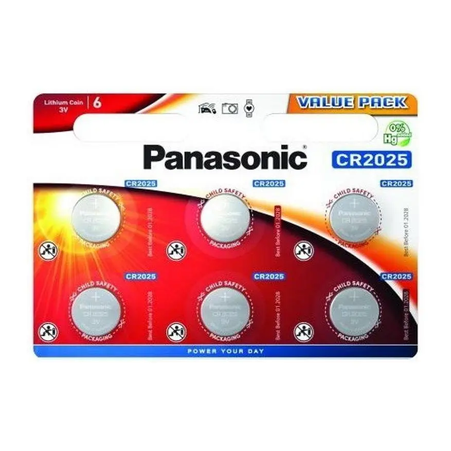 Бутонна батерия литиева PANASONIC CR2025, 3V, 6 бр. в блистер /цена за 6 бр./, (35935826)