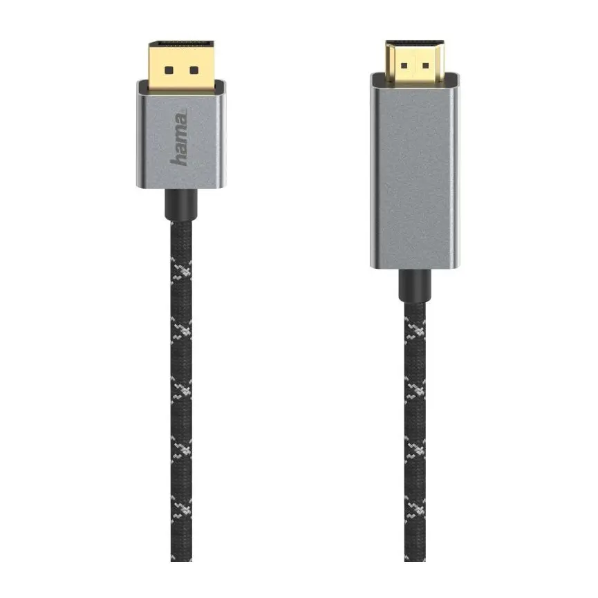 Кабел HAMA, DisplayPort мъжко - HDMI мъжко, Ultra-HD, 4K@60 Hz, 1.5м, Алуминий, Позлатени конектори, Черен, (35934450)