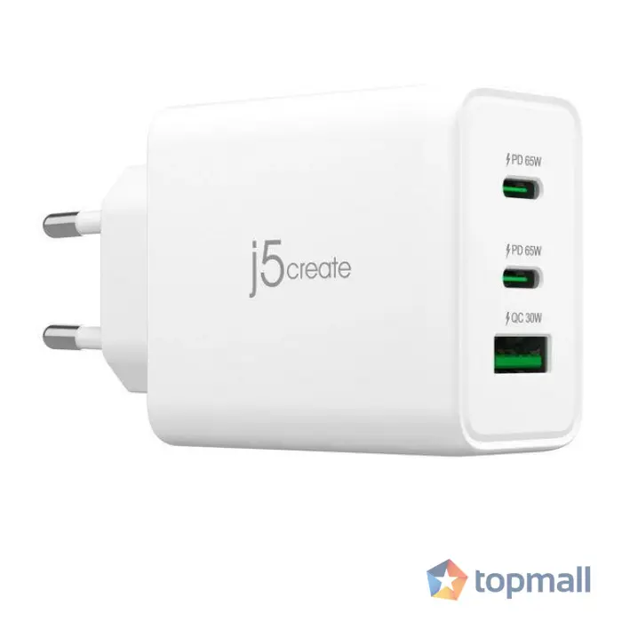 Мрежово зарядно j5create JUP3365E 65W, 3 порта, USB-C, USB-A, (35936694)
