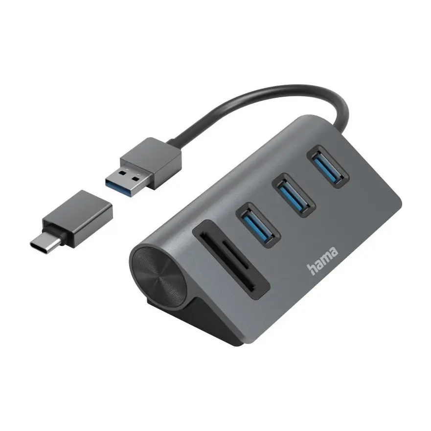 HAMA USB хъб/четец на карти, 5 портов, 3x USB-A, SD, microSD, вкл. USB-C адаптер, (35937471)