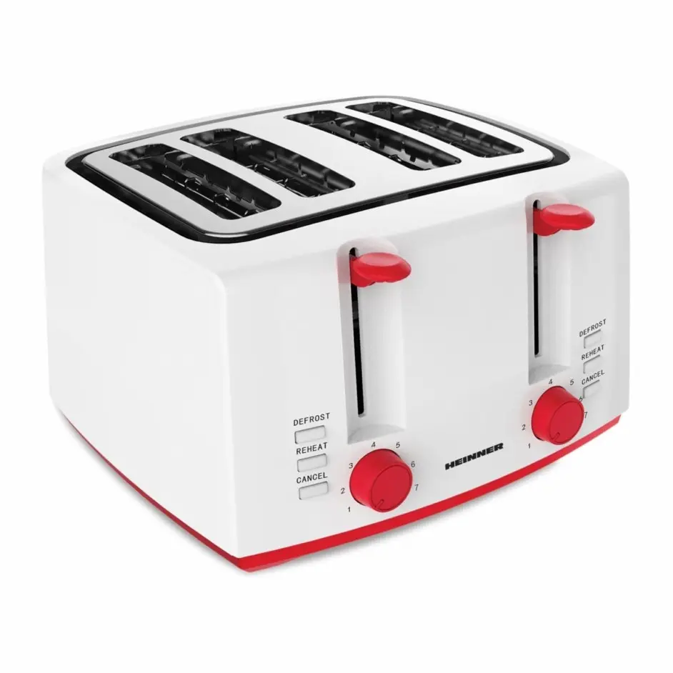 Тостер HEINNER HTP-1300WHR, За 4 филии, 7 степени, Функция затопляне и размързяване, Бял/Червен, (21362)