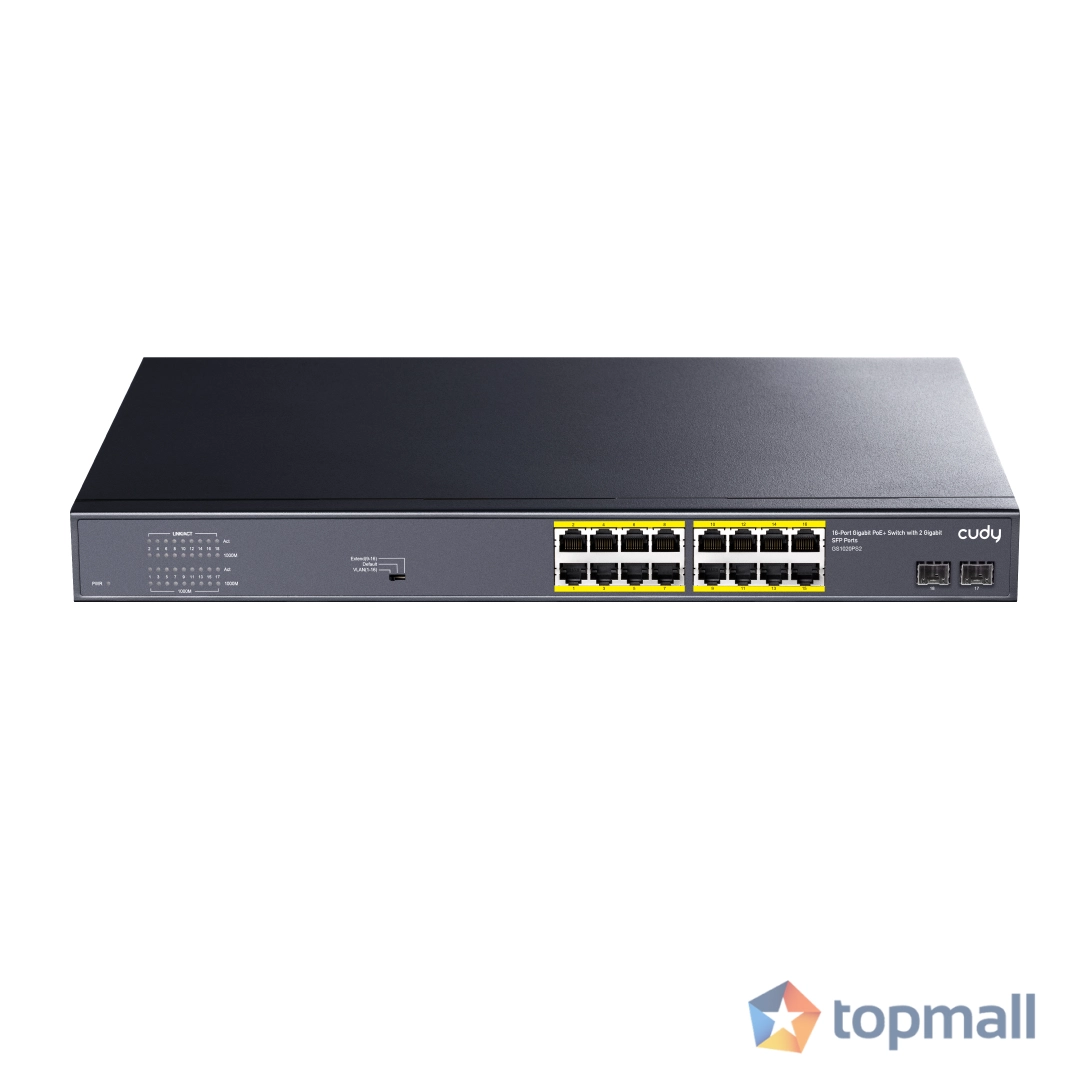 Суич Cudy GS1020PS2, 16 x Gigabit PoE, 2 x Gigabit SFP, (35937005)