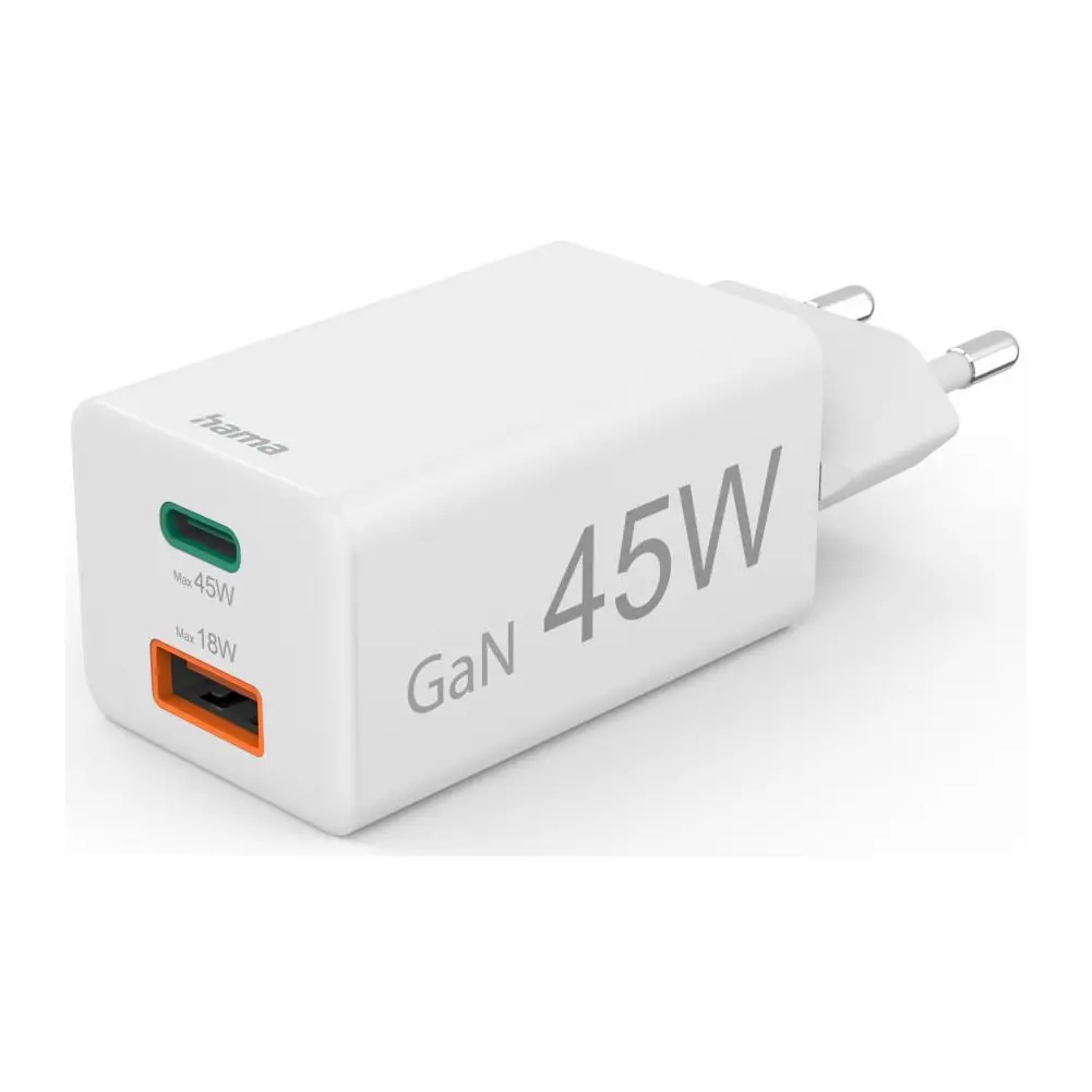 HAMA Бързо мини зарядно, 45 W, 1x USB-C - 1x USB-A, PD, бяло, (35939578)