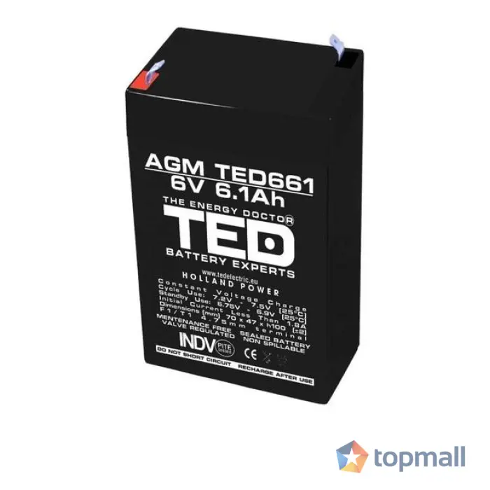 Оловна Батерия TED ELECTRIC, 6V, 6.1Ah, 70/ 47/ 100 mm, AGM, (35937588)