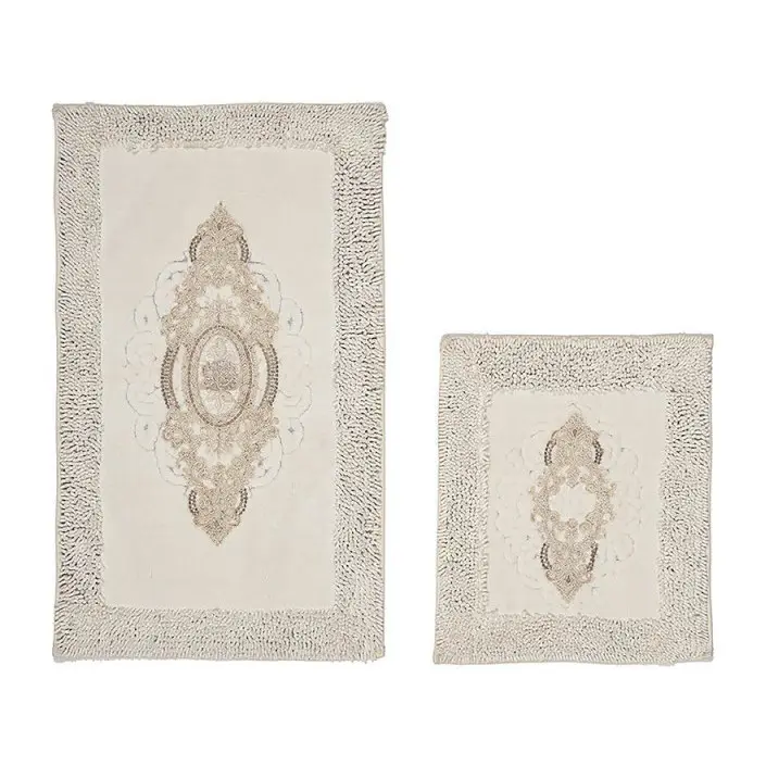 Комплект килими за баня Chilai Home 394ANR1595, 2 части, 100% антибактериален полиестер, Kрема, (394ANR1595)