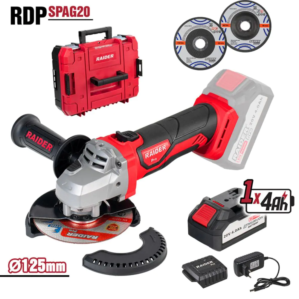R20 Ъглошлайф Ø125mm 4Ah Case 2 диска RAIDER PRO RDP-SPAG20 Set, (35930364)