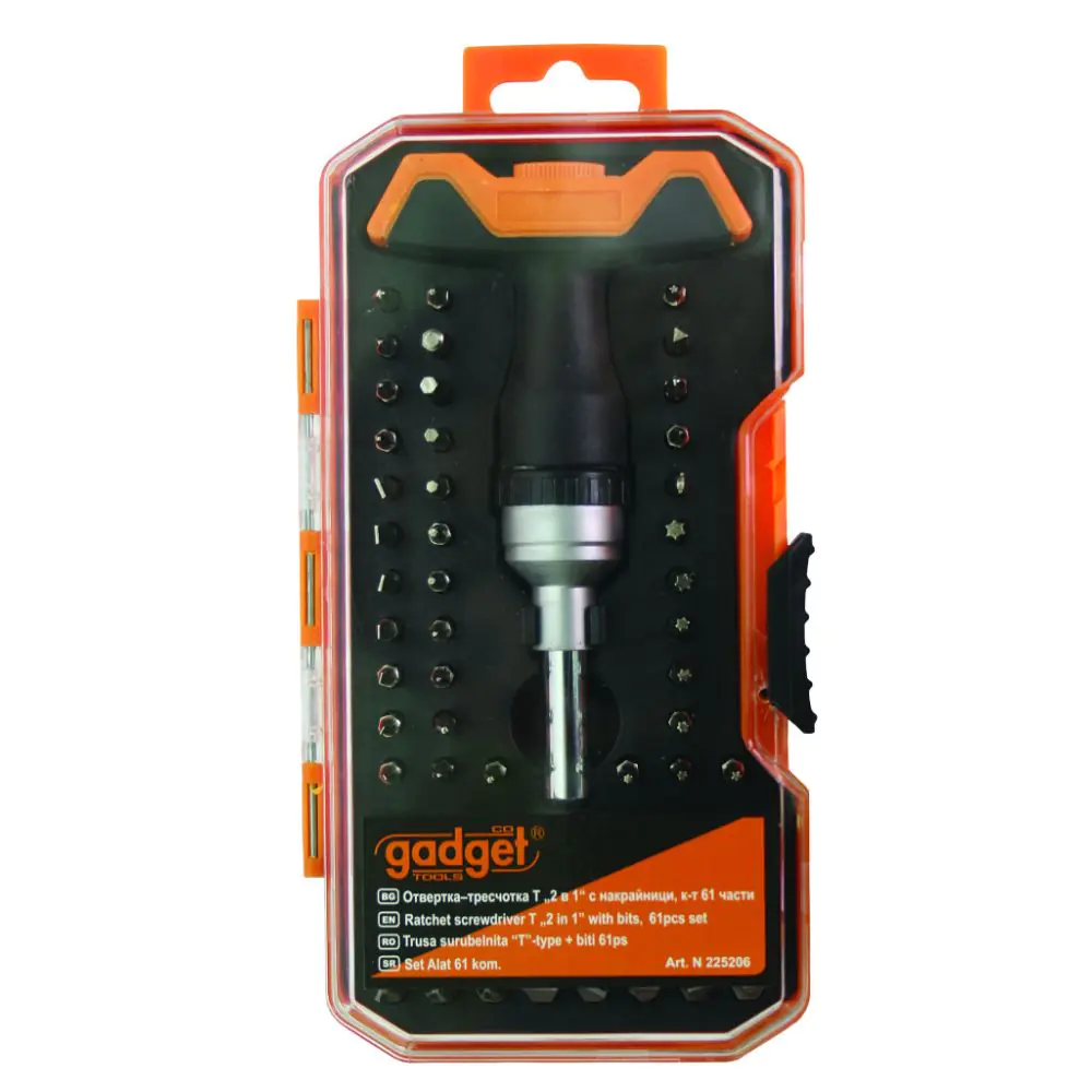 Отвертка-тресчотка Т дръжка "2 в 1" с накр. к-т 61 части GADGET, (35926220)