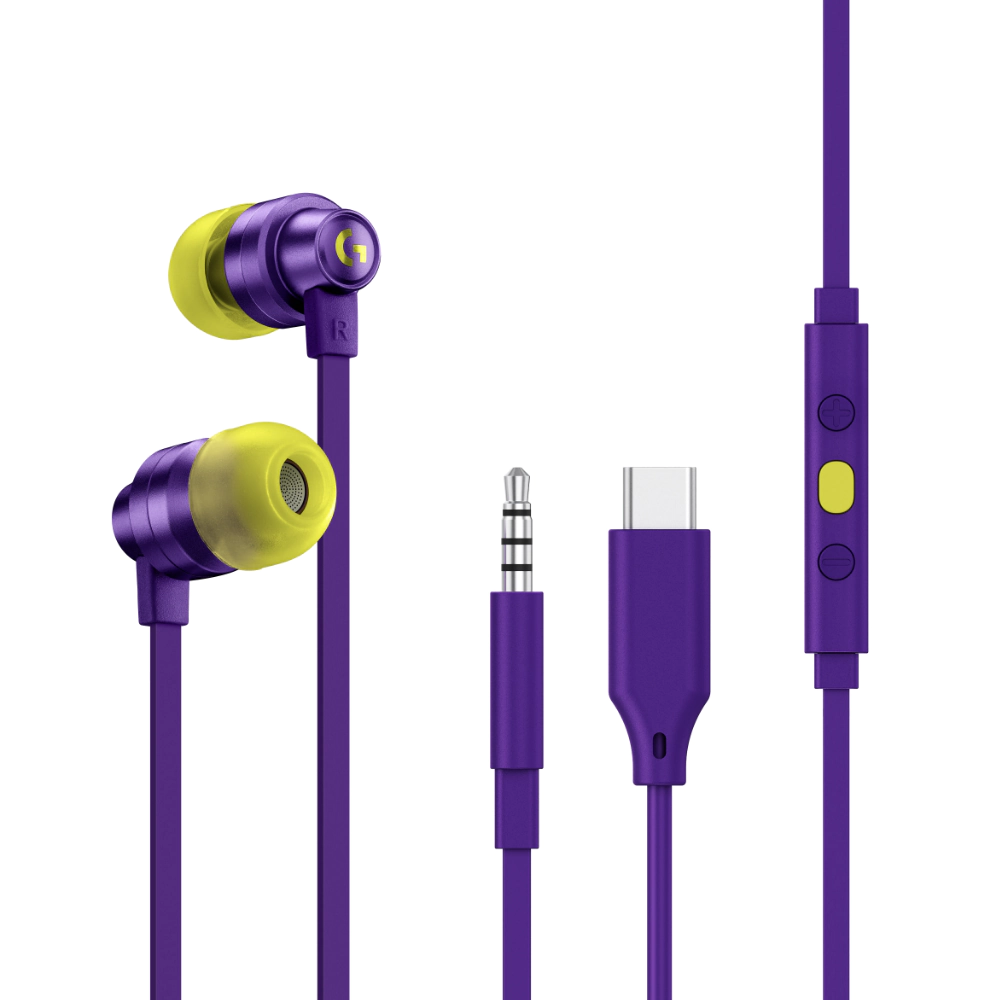 Геймърски слушалки с микрофон Logitech G333 In-ear 3.5 mm + USB-C adapter, тапи жични, лилави, (35934576)