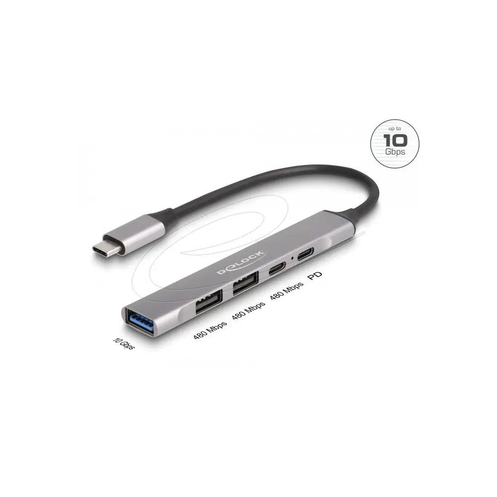 Delock Хъб USB-C, 4 порта, 1 x USB-A 10 Gbps, 2 x USB-A, 1 x USB-C, USB-C PD 95 W, (35939520)